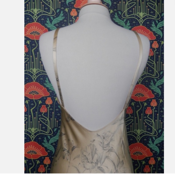 Beige Floral Satin Silk Plunge Back Maxi Slip Long Dress 8 - Picture 6 of 8